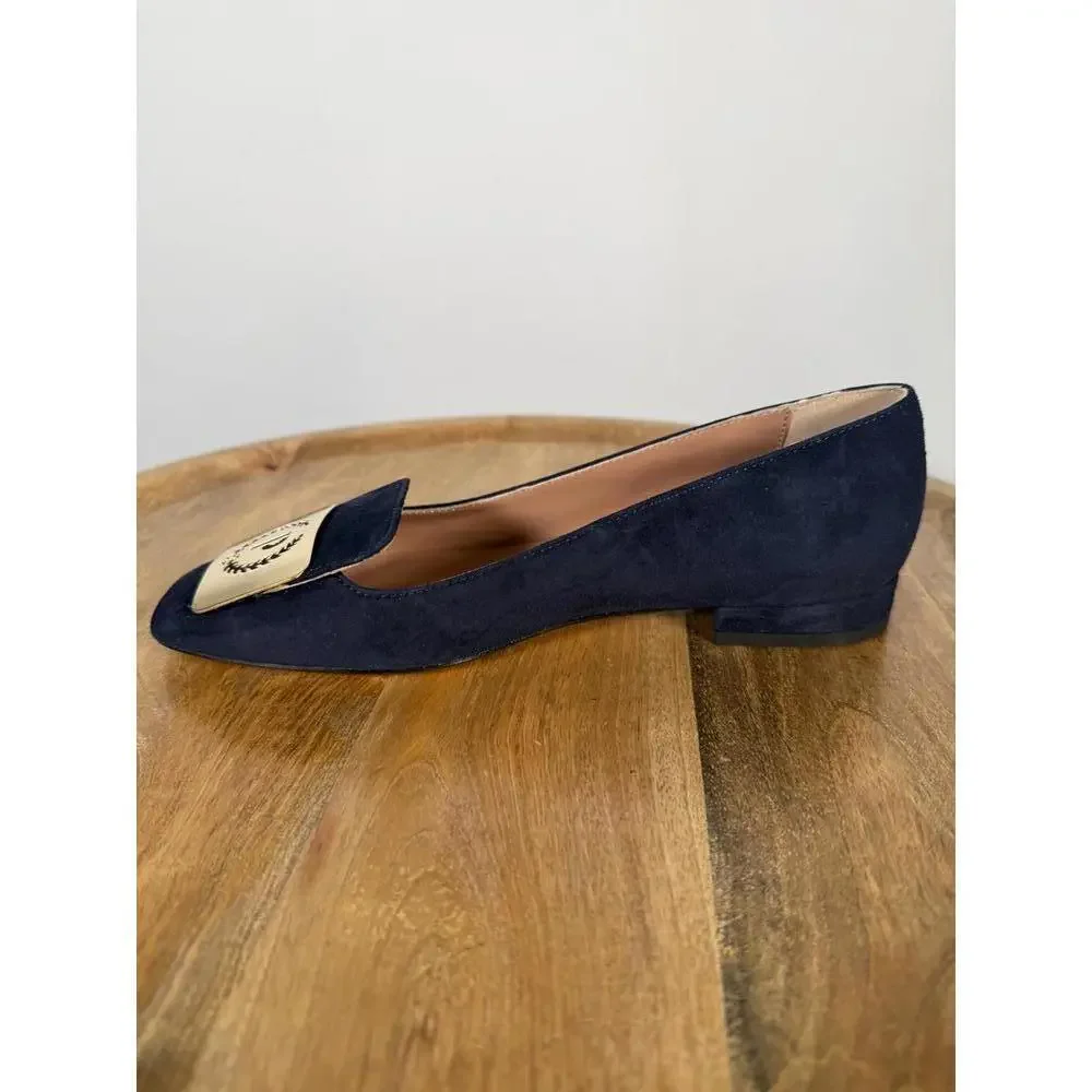 Pollini Clodette15 Oceano Navy Suede Ballerinas w/ Gold Plaque EU 35 / US 5 NWB - Picture 11 of 12